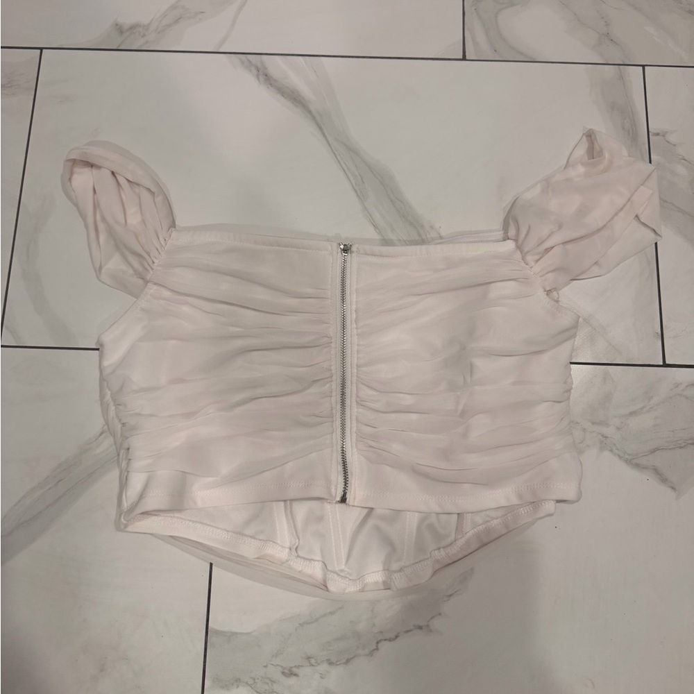 Ruched Off-Shoulder Crop Top with Front Zip in Blush Pink